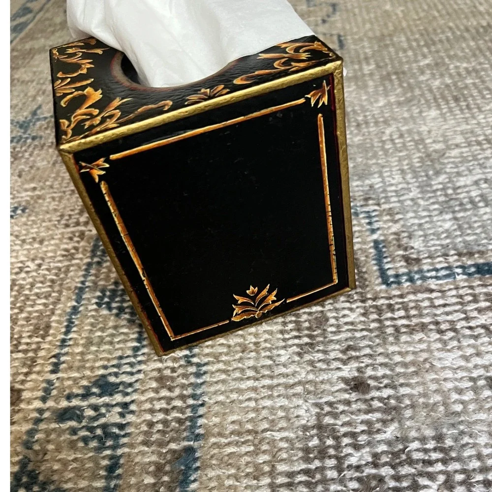 Vintage Chinoiserie Hand Painted Tissue Box Cover Black Gold Floral